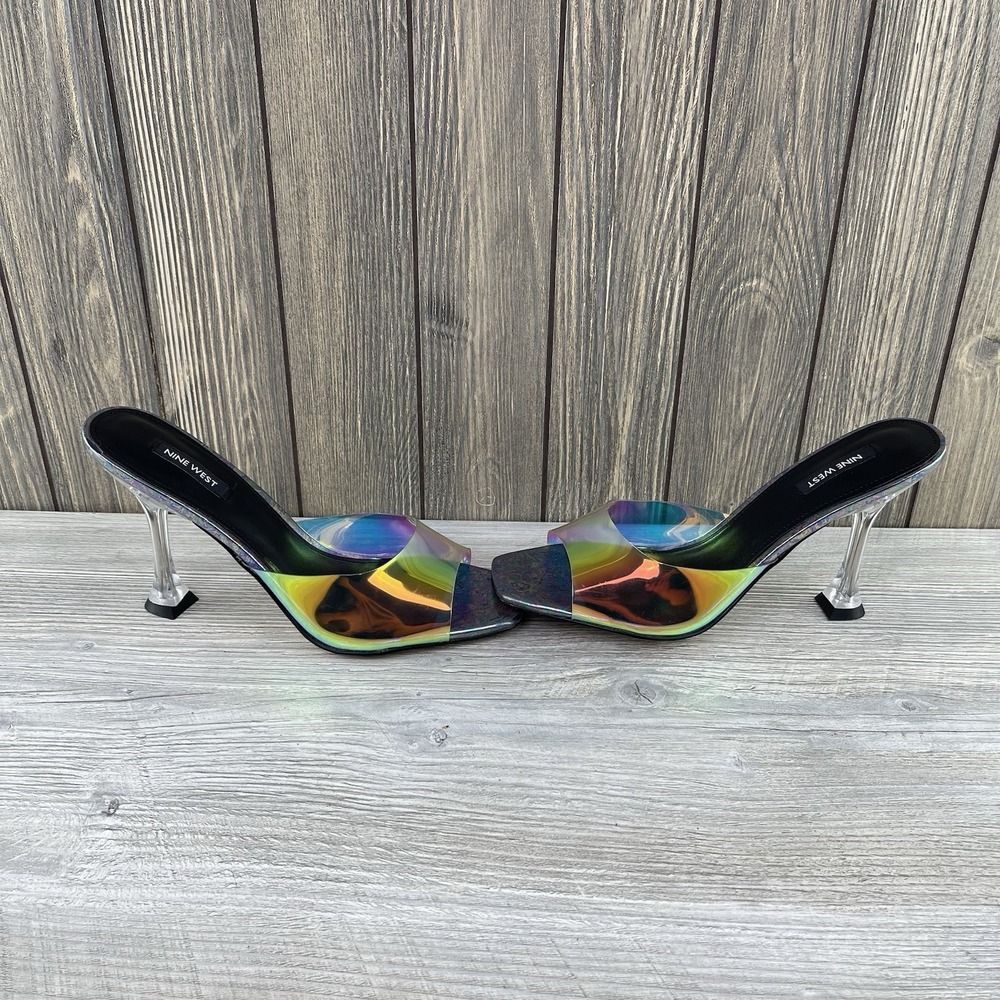 Nine West Holographic Clear Heel Mule Sandals Square Toe Rainbow Women's Size:10 - Picture 2 of 16